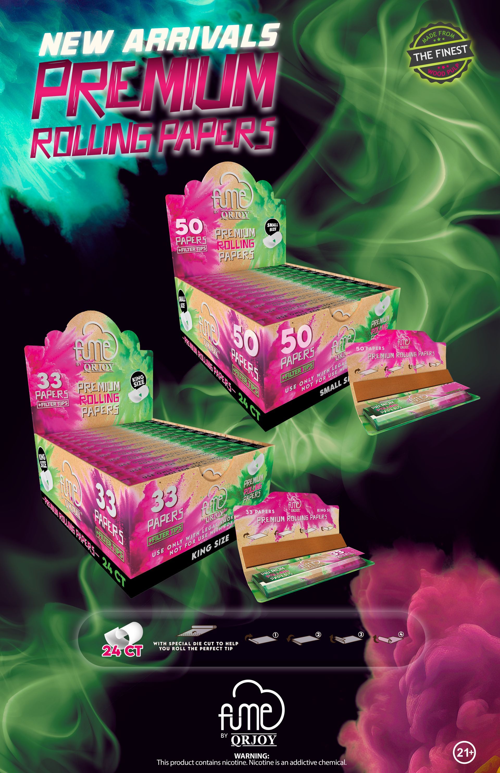 Rolling paper boxes in green, pink, and brown with a smoky, colorful background.