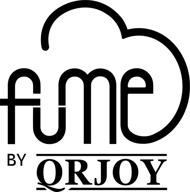 Logo for Fume by QRJOY, black text with cloud design element.