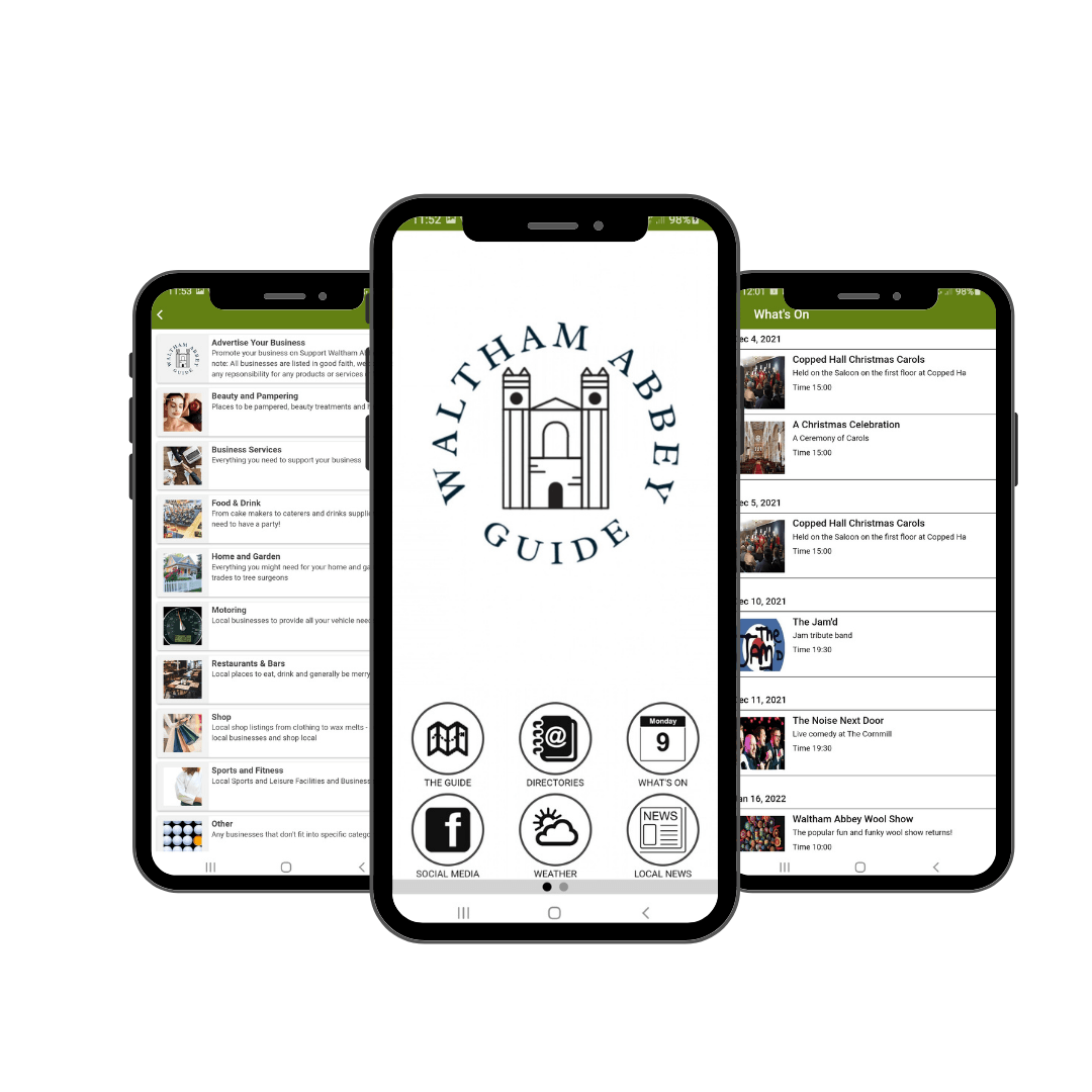 Three phones with the waltham abbey guide app on them.