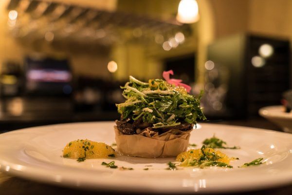 A close up of a plate of food on a table.