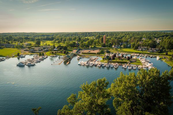 An aerial view of a marina surrounded by trees and houses.