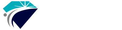 Abstract teal, white, and navy logo with a curved diamond shape and small gray dot