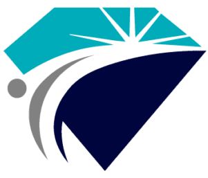 Abstract teal and navy geometric logo with a gray dot and white swooshing curve
