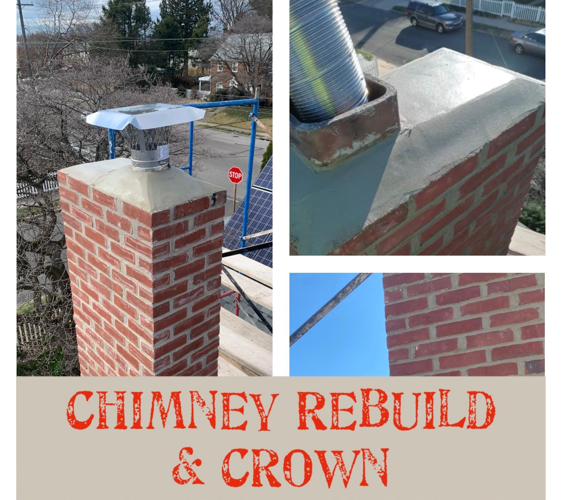 Chimney rebuild and crown work. Red brick chimney with new concrete crown, metal cap, and pipe.