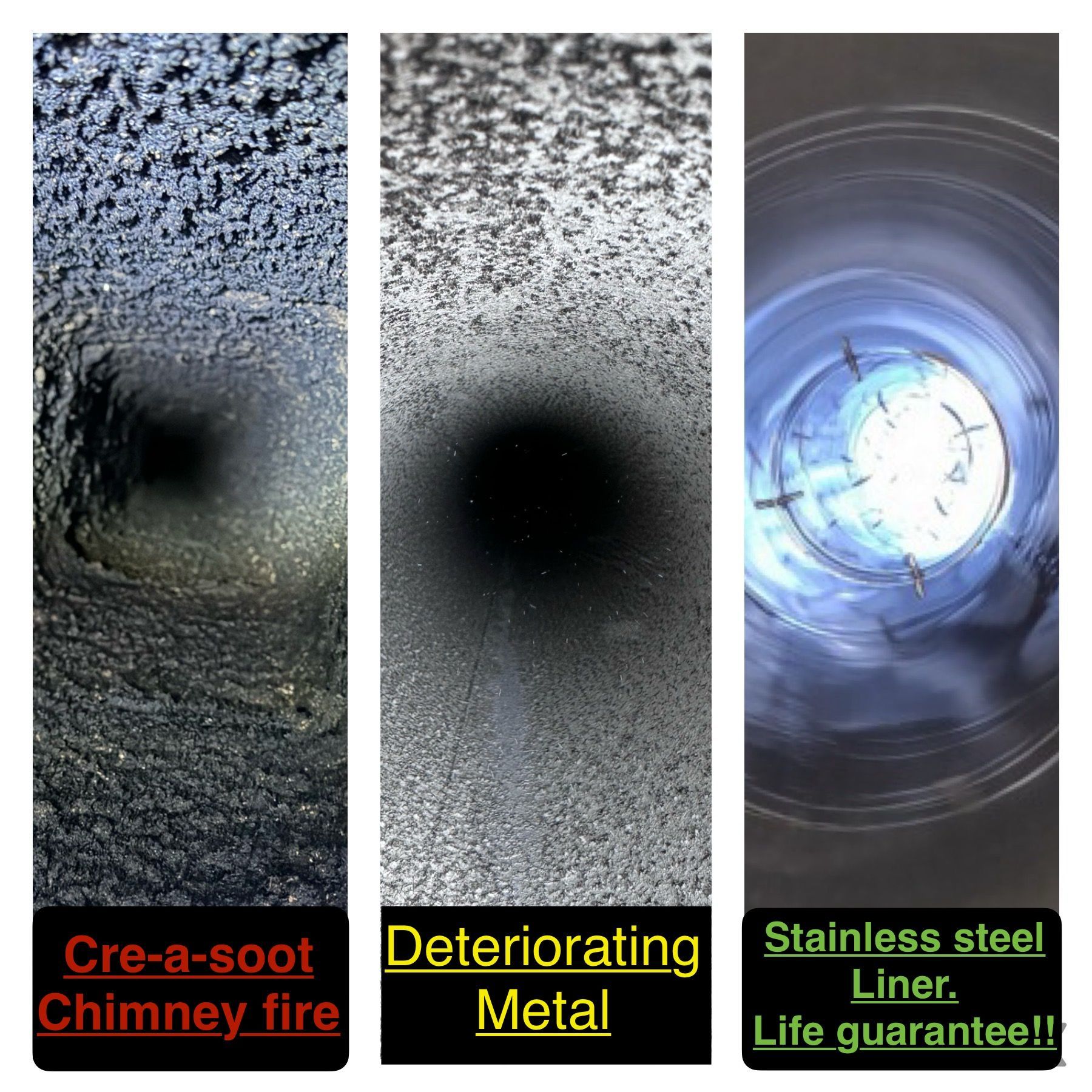 Chimney interior with soot, deteriorating metal, and a stainless steel liner.