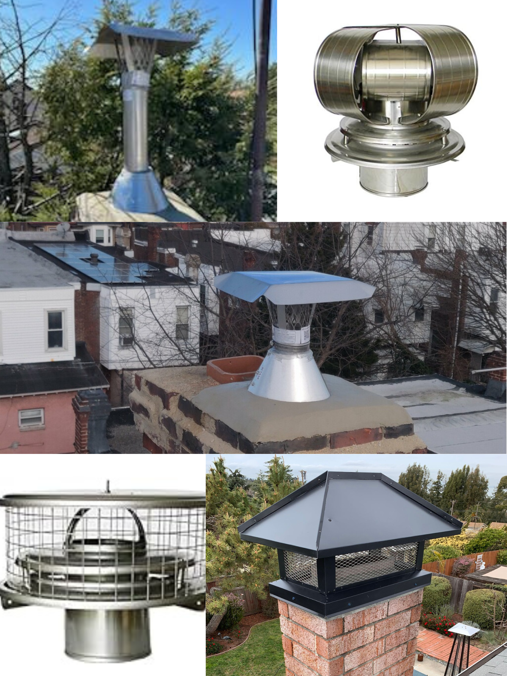 Chimney caps of various designs on rooftops. Includes stainless steel and black metal caps with mesh or solid covers.