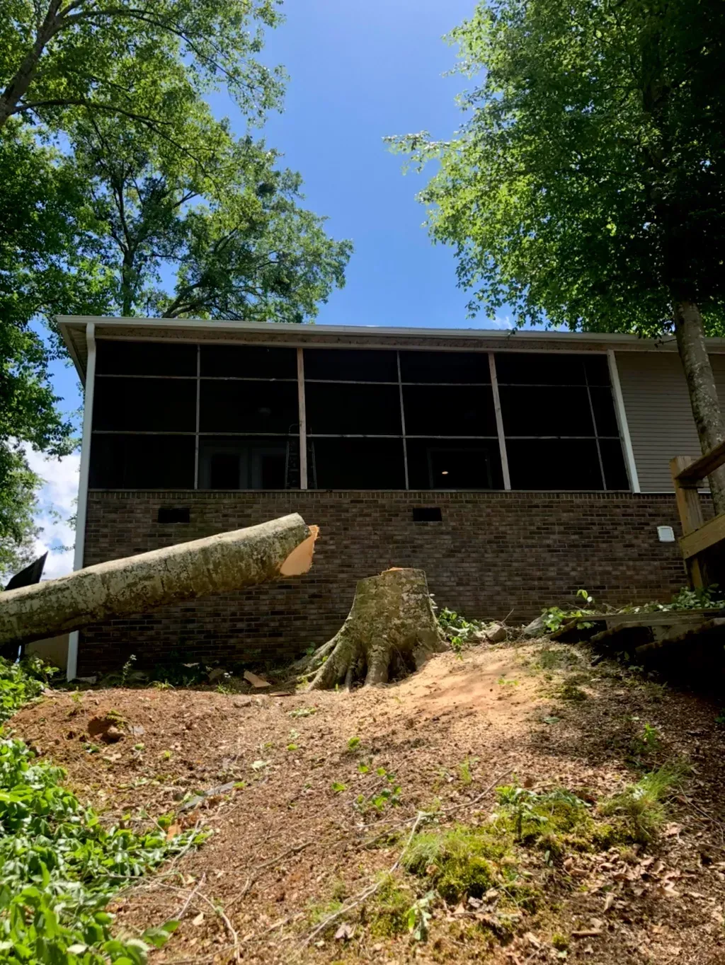 A large tree stump is sitting in front of a house.