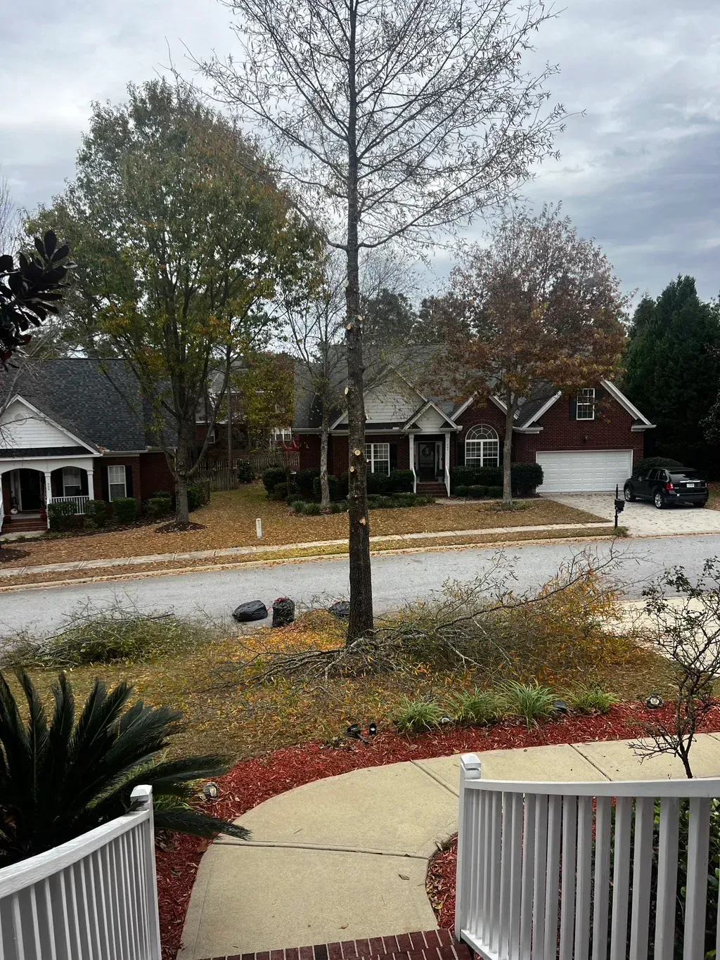 A view of a residential neighborhood from a porch with a white railing.