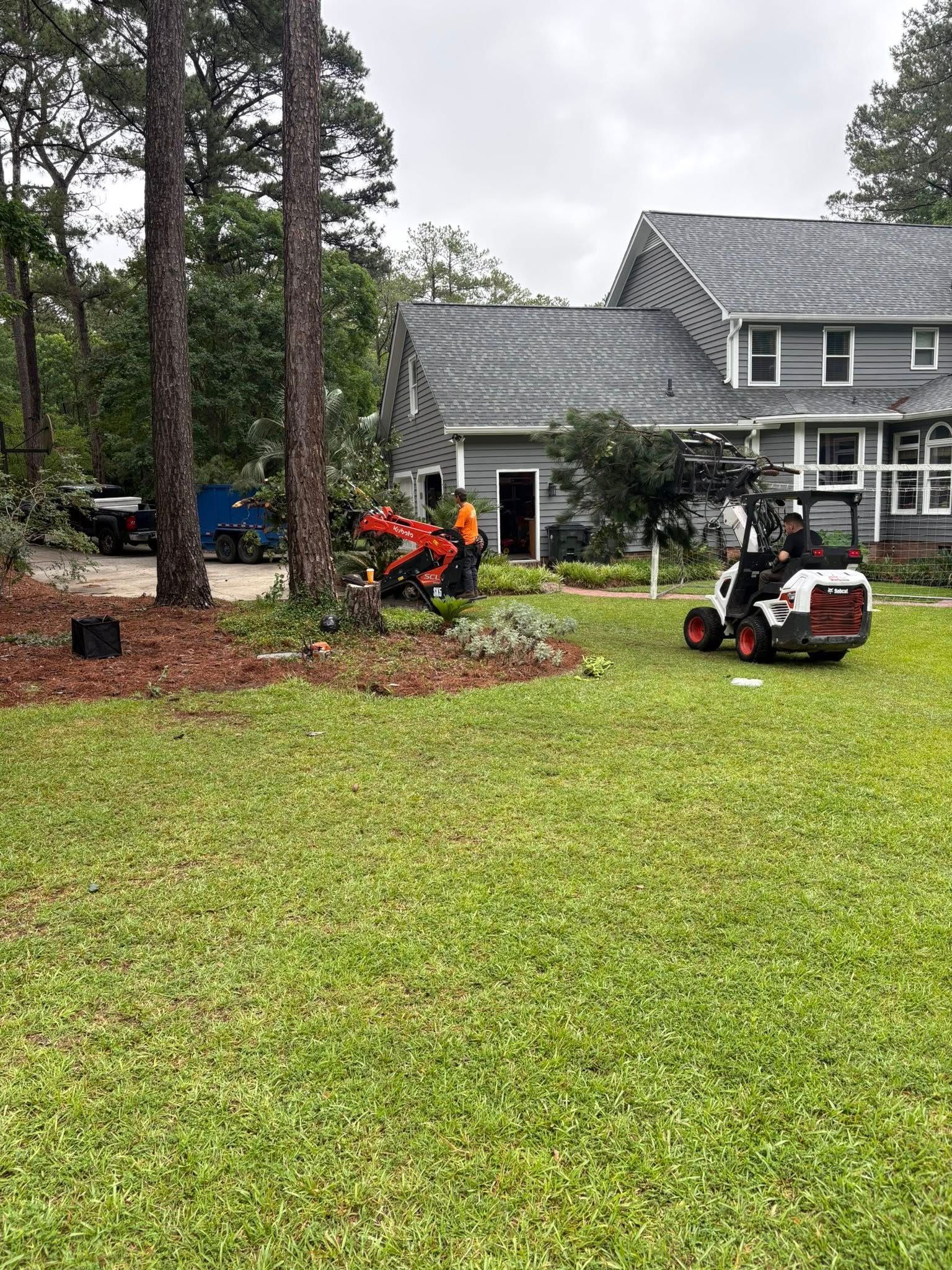 A man is cutting a tree in front of a house with a lawn mower.