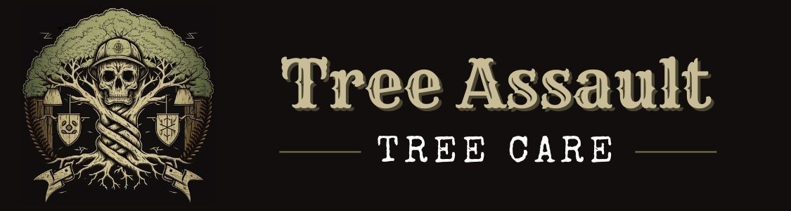 A tree assault tree care logo with a skull and crossbones on it