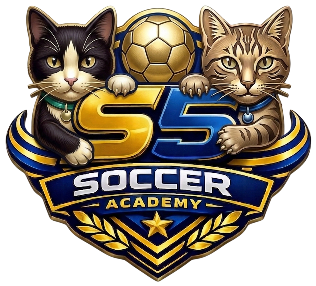 Logotipo de la Academia de F&uacute;tbol con dos gatos, un bal&oacute;n de f&uacute;tbol dorado y letras azul y doradas.