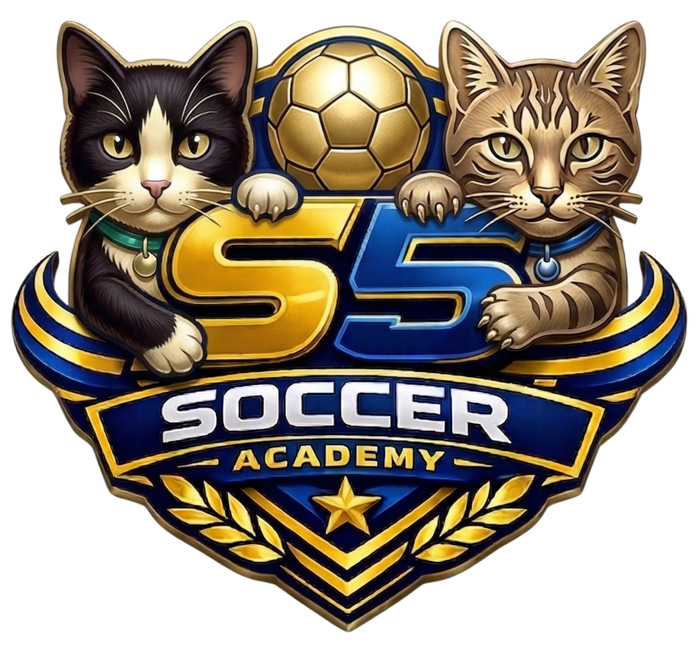 Soccer Academy logo with two cats and a gold soccer ball over blue-and-gold lettering