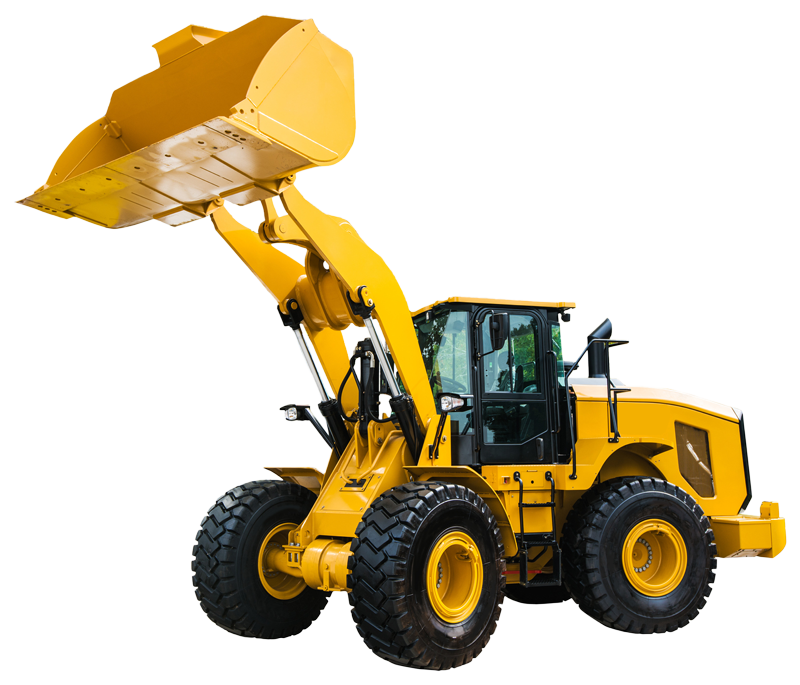 A yellow bulldozer with a large yellow bucket on a white background.