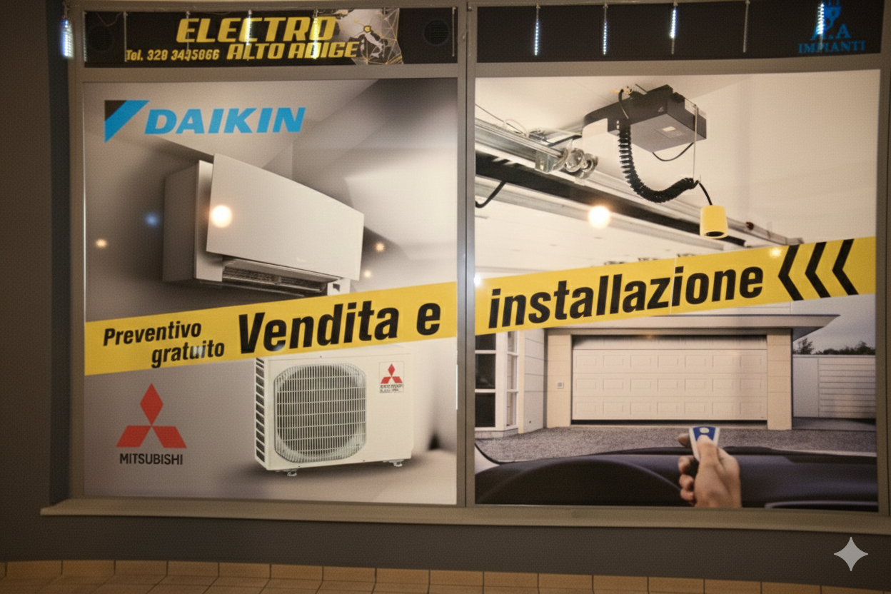 Vetrina con pubblicità per l'installazione di condizionatori d'aria e porte da garage.