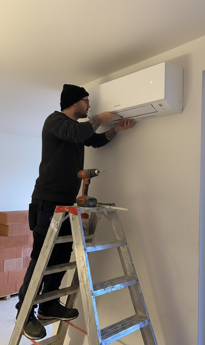 Uomo che installa un condizionatore d'aria su una parete bianca, in piedi su una scala.