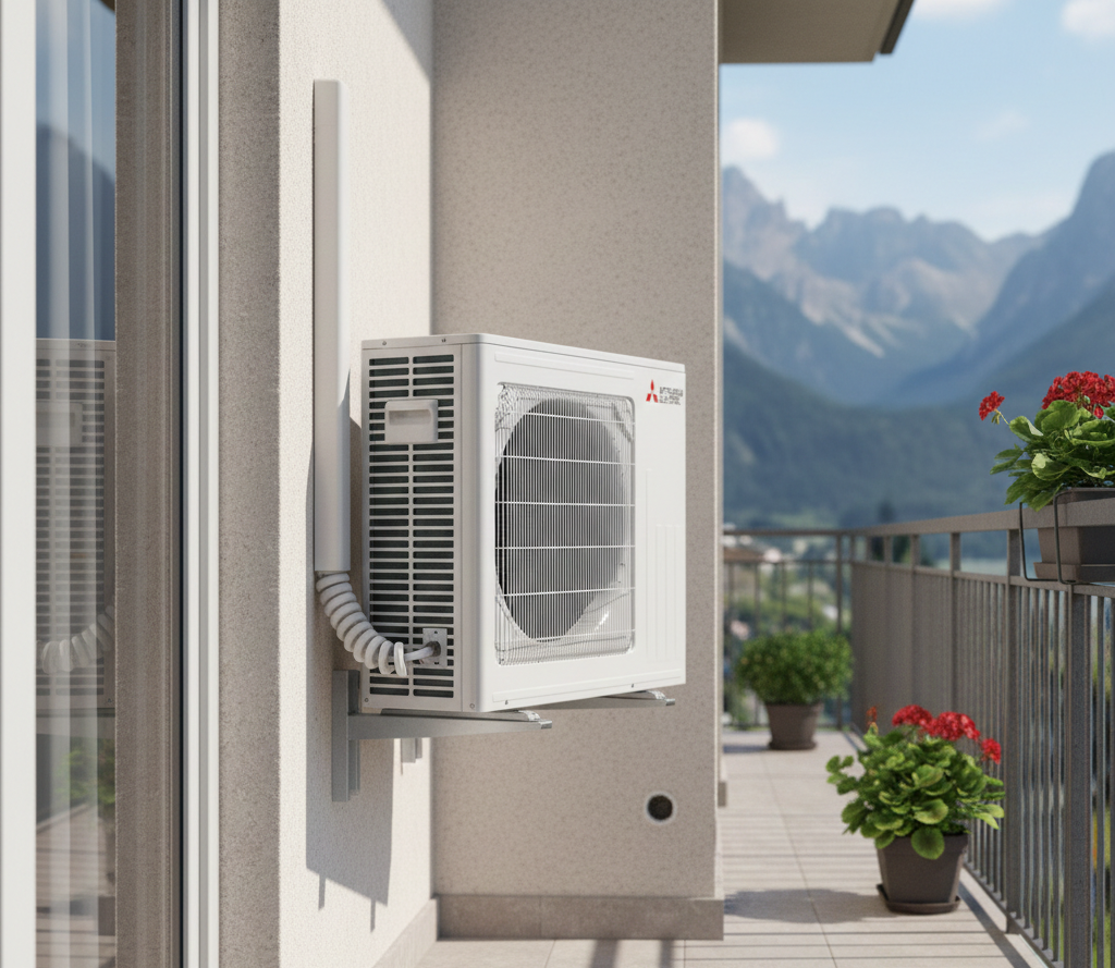 Condizionatore d'aria bianco montato sulla parete esterna di un edificio con montagne sullo sfondo.