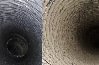 a before and after picture of a duct being cleaned .