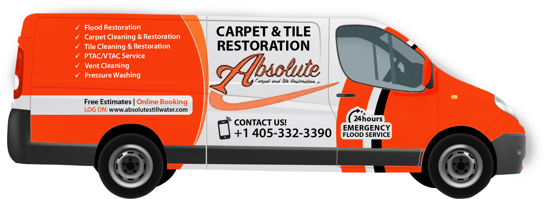 an orange and white van of Absolute Carpet and Tile Restoration