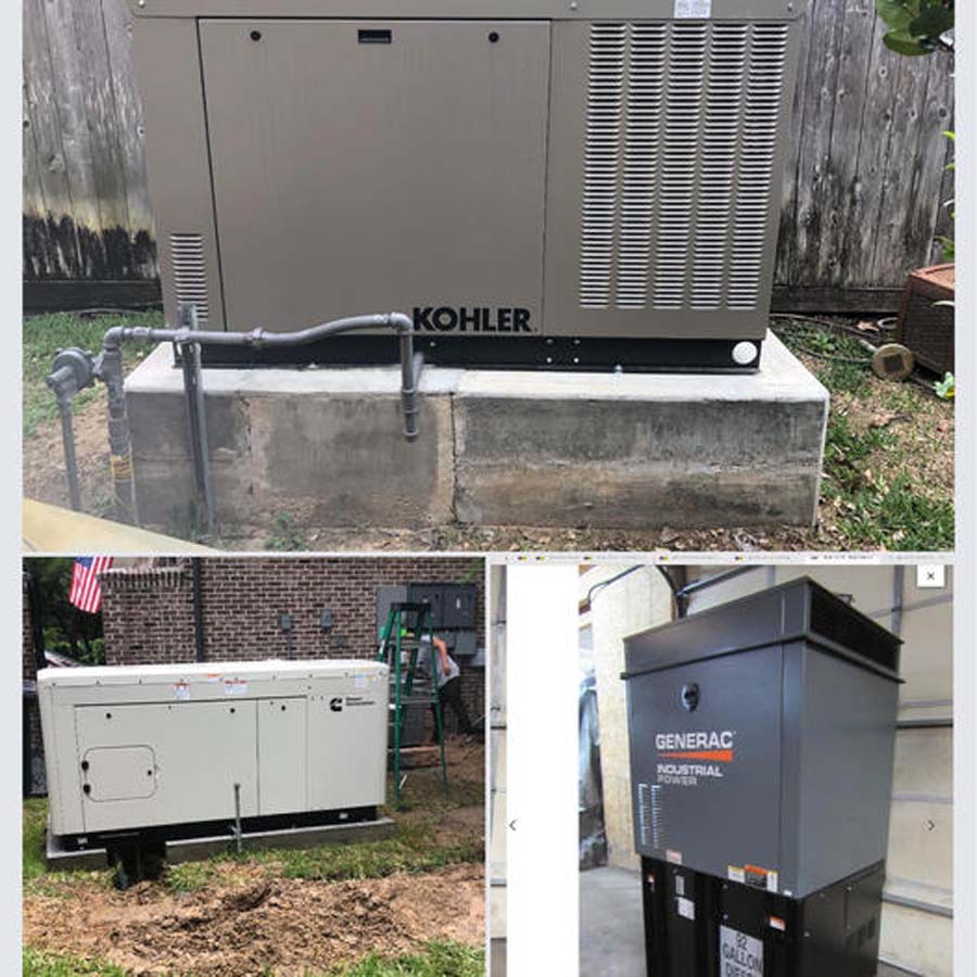 Three different brands of generators: Kohler, Cummins, and Generac.