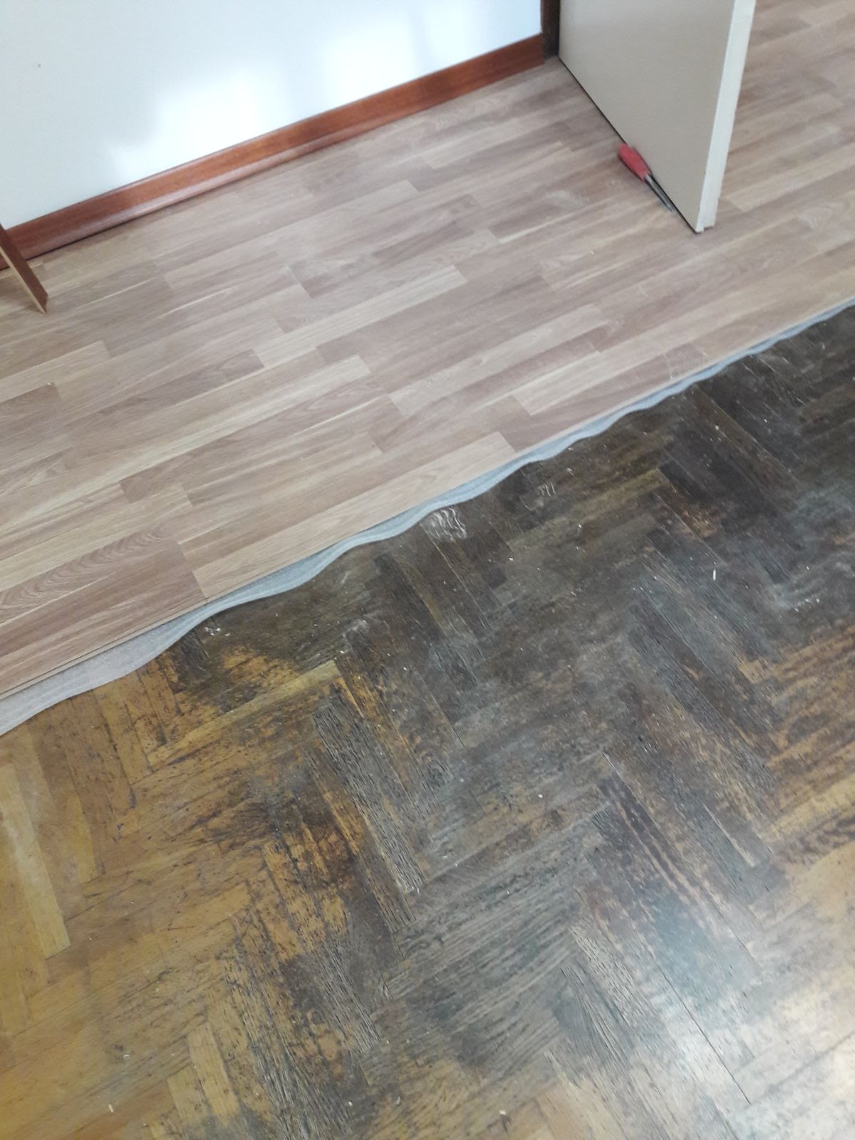 Un primo piano di un pavimento in legno con una porta sullo sfondo.