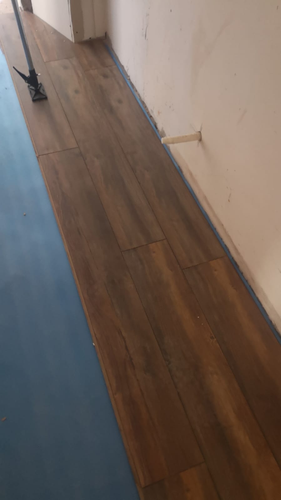 Un aspirapolvere è appoggiato sul pavimento di legno in una stanza.