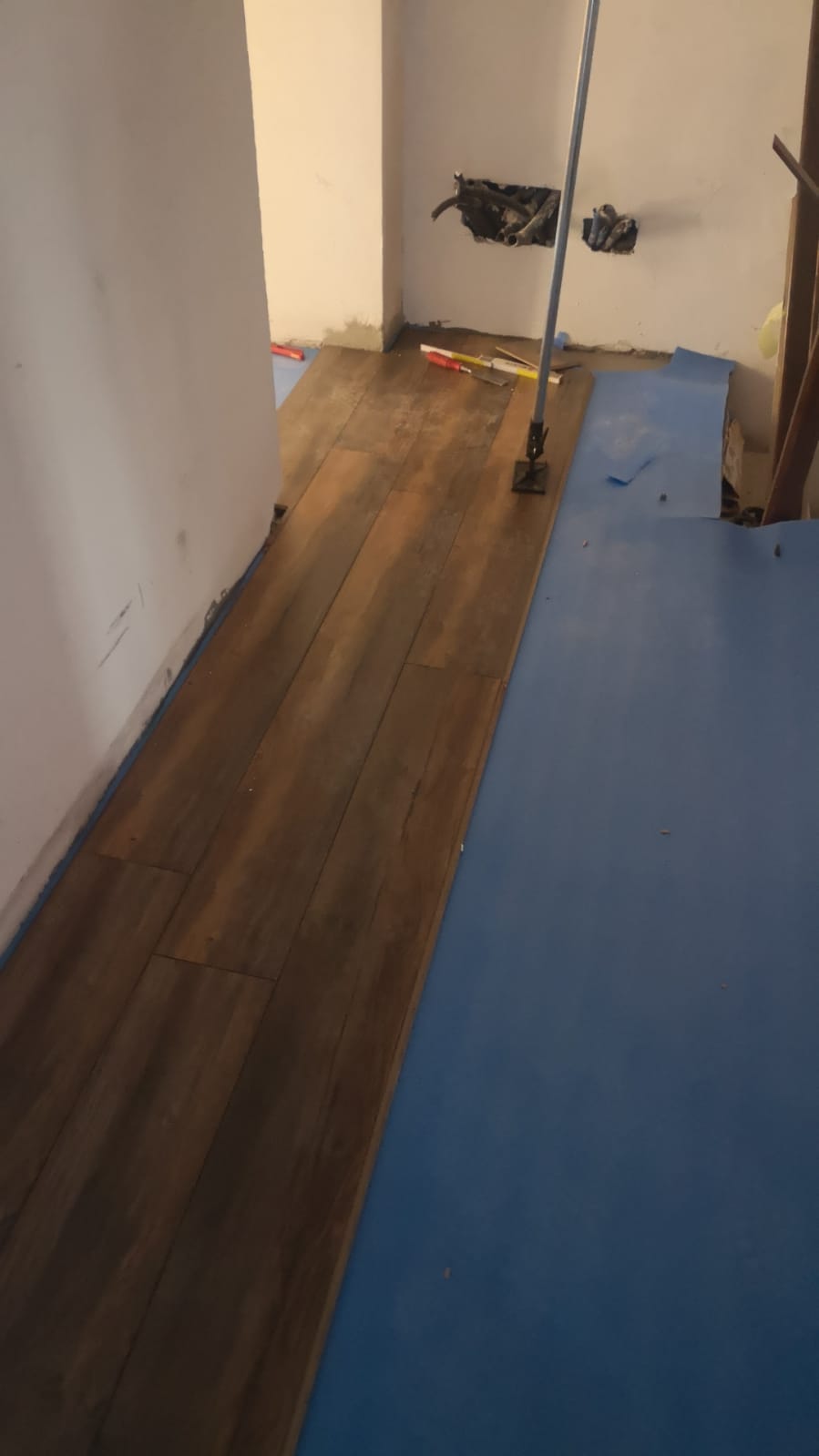 Una stanza con un pavimento in legno e uno zerbino blu sul pavimento.