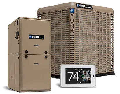 A york air conditioner , a york furnace , and a york thermostat on a white background.