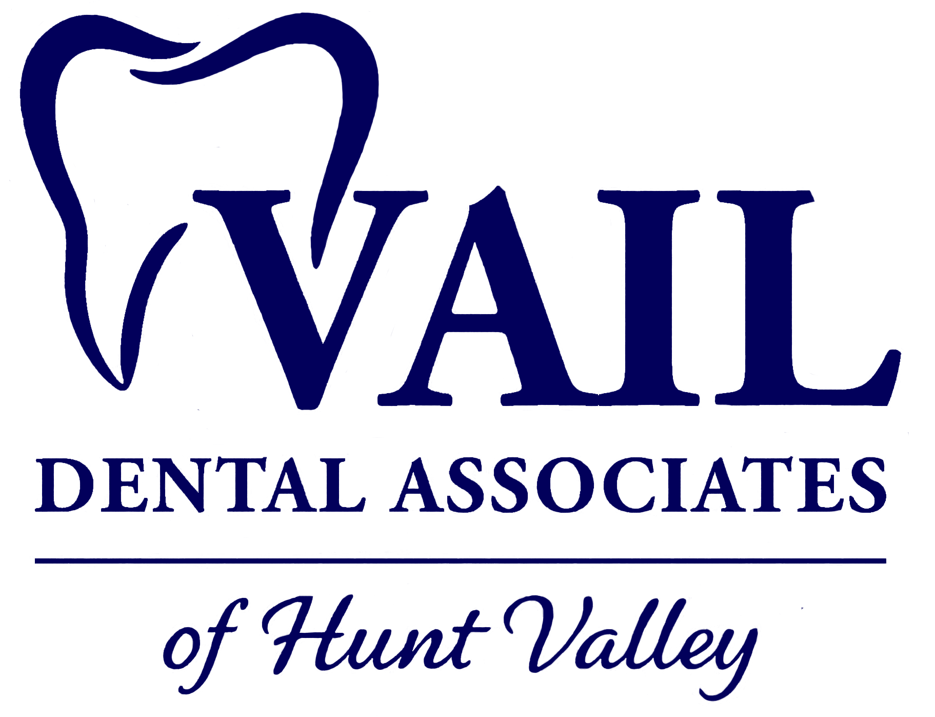 Logo for Vail Dental Associates of Hunt Valley; navy blue tooth graphic over 
