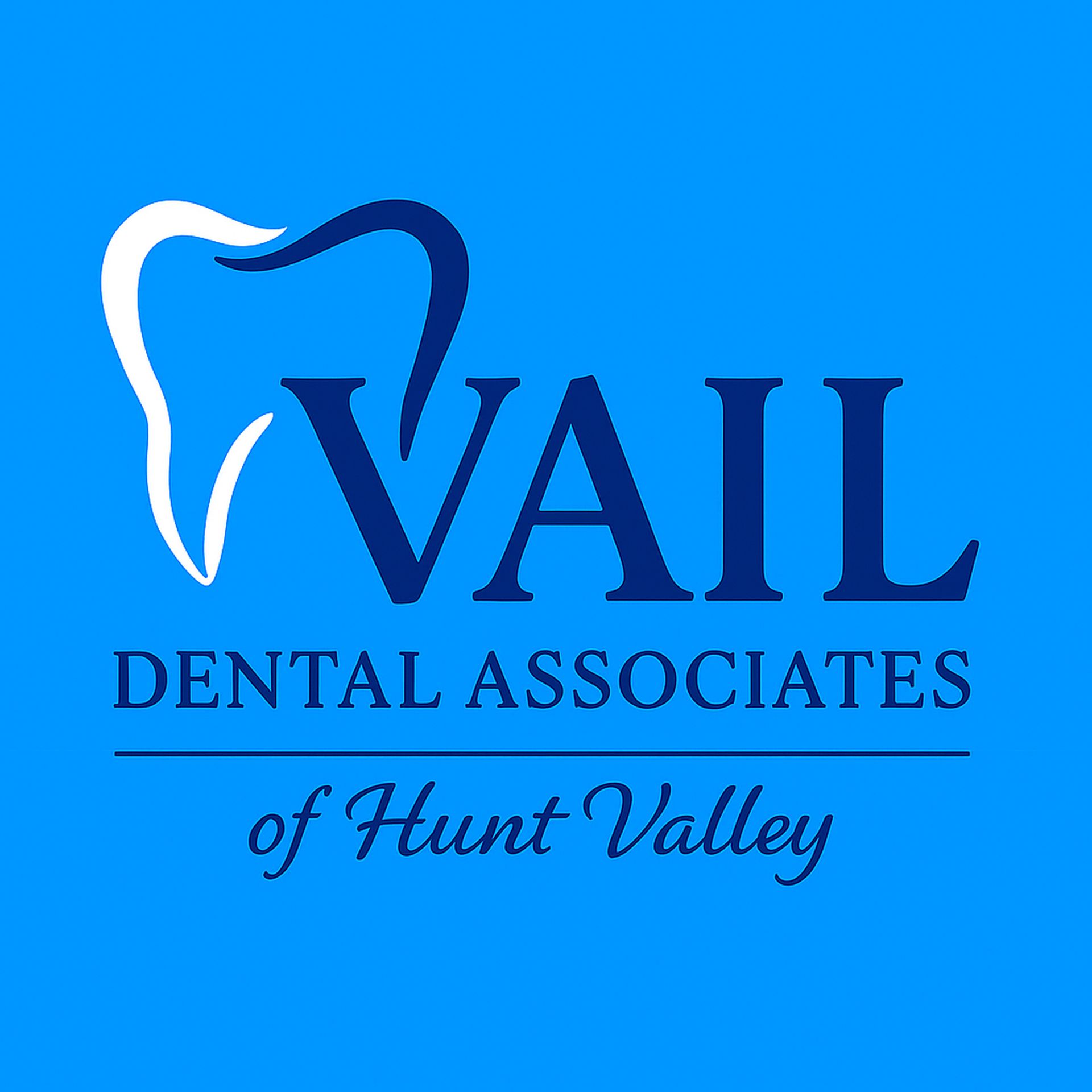 Logo for Vail Dental Associates of Hunt Valley. Features a tooth graphic, blue text on a blue background.
