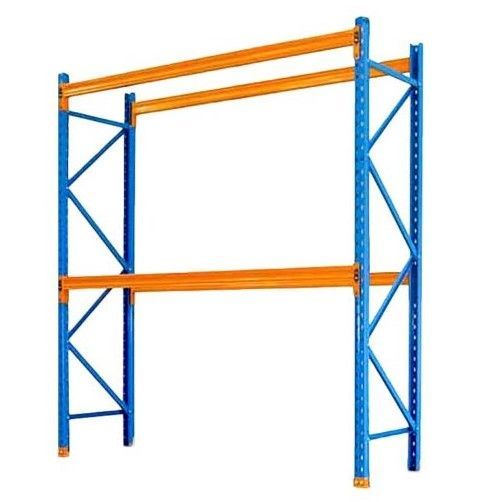 A blue and orange pallet rack on a white background.