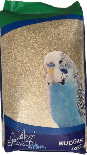 A bag of budgie grain with a picture of a budgie on it.