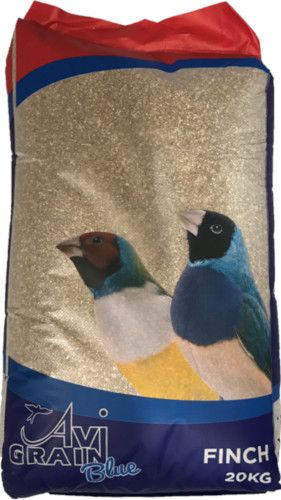 A bag of finch food with two birds on it