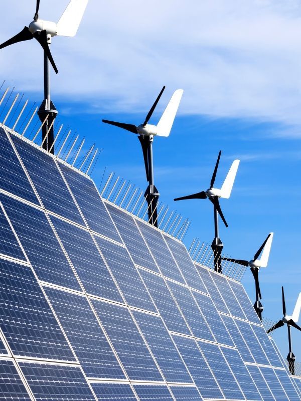 Solar panels and small wind turbines installed on a rooftop representing sustainable green energy initiatives.