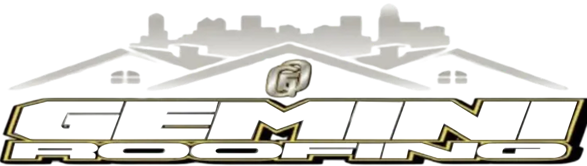 Logo for Gemini Roofing, with a silver and gold design. Includes a skyline and stylized house roofs.