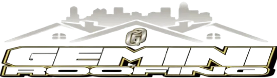 Logo for Gemini Roofing, with a silver and gold design. Includes a skyline and stylized house roofs.