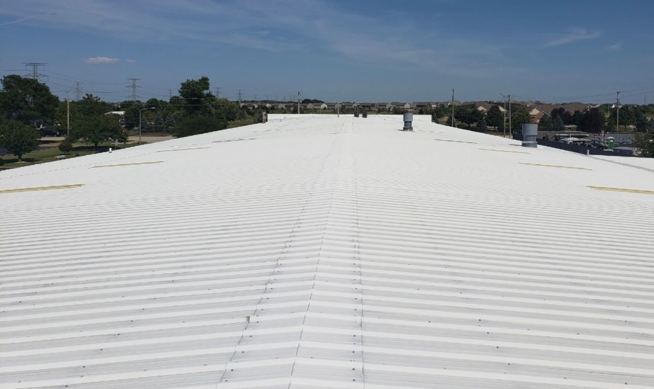 Wide, flat white roof with concentric circles, possibly a commercial building, against a clear blue sky.