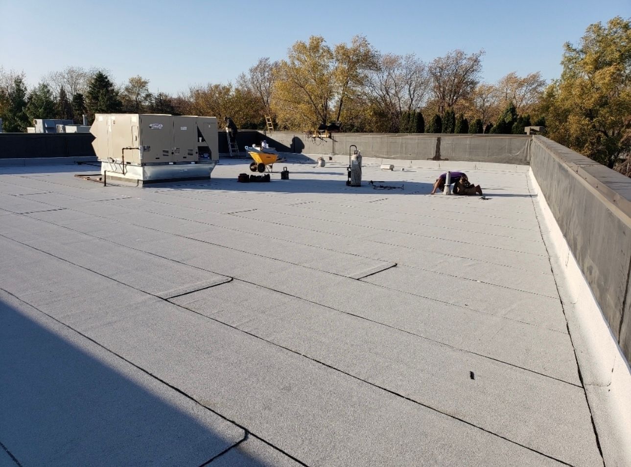 Flat commercial roof with HVAC unit and equipment, trees visible in the distance. Roof surface shows light-colored roofing material.