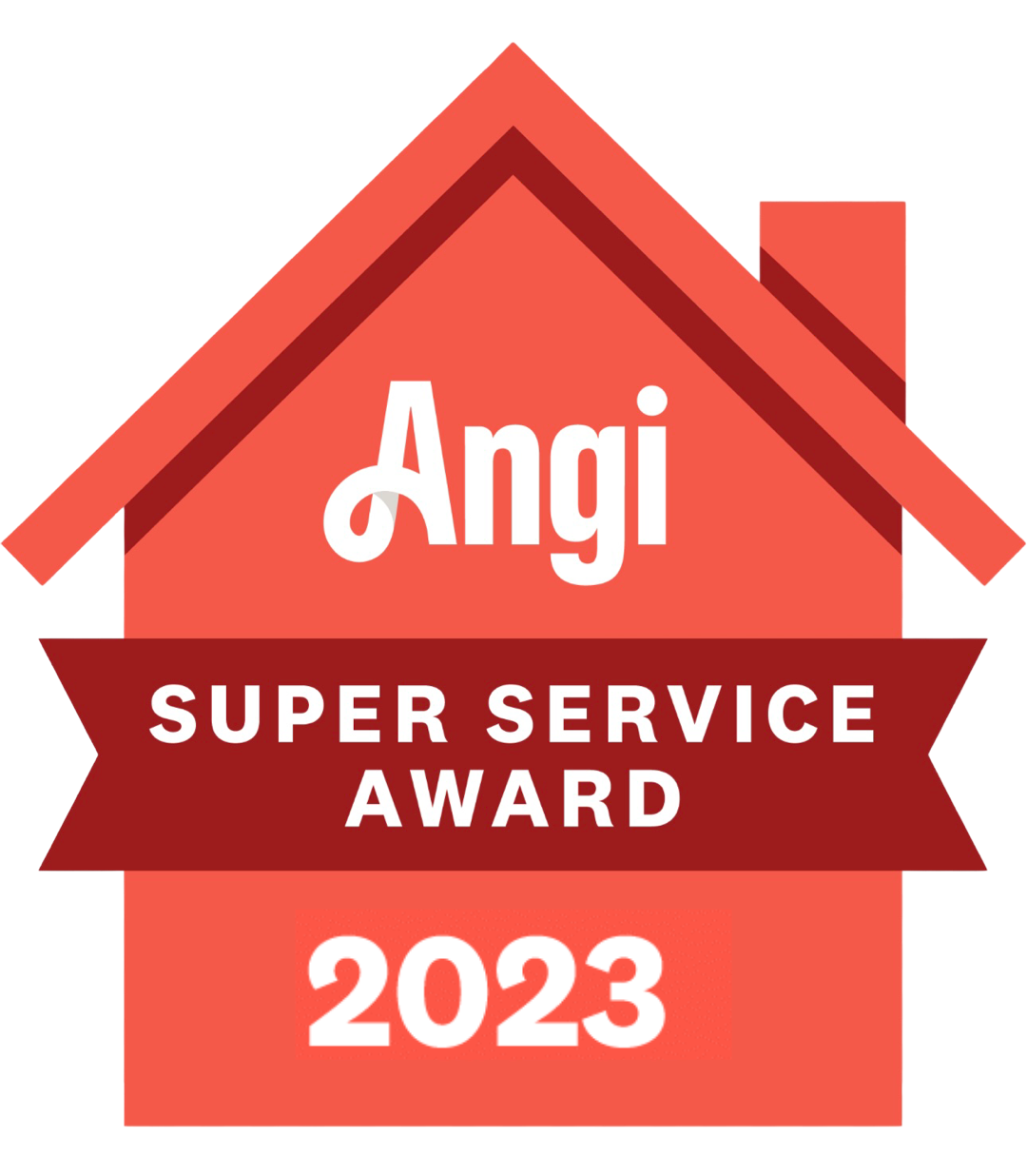 Angi Super Service Award 2023 badge. Red house shape with