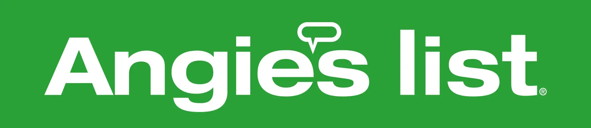 Angie's List logo on a green background, white text with a speech bubble above the 