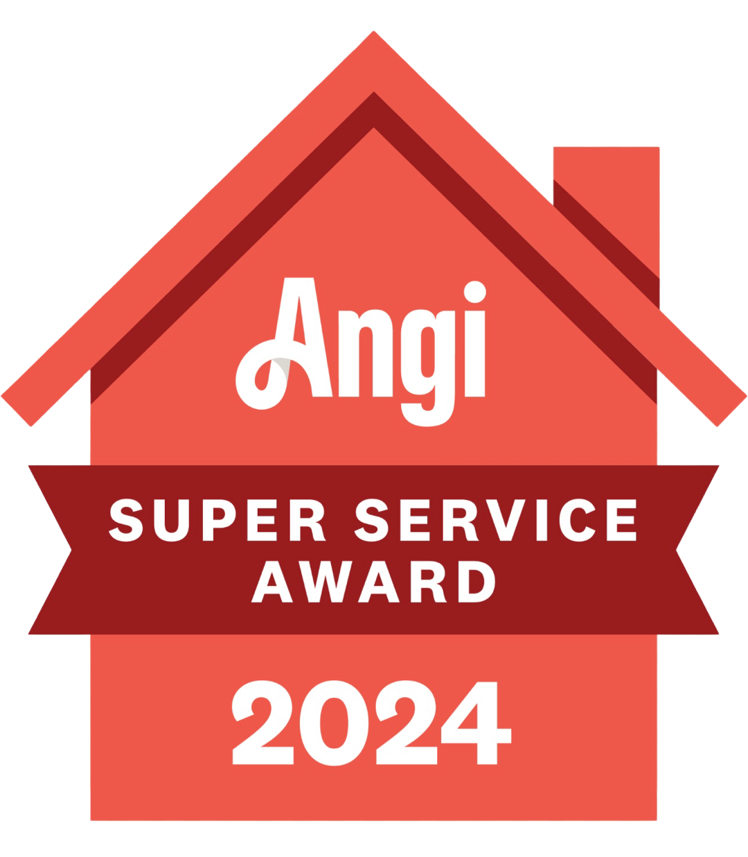 Angi Super Service Award 2024 badge in red and white. Features the Angi logo inside a house-shaped design with a banner that says “Super Service Award”.
