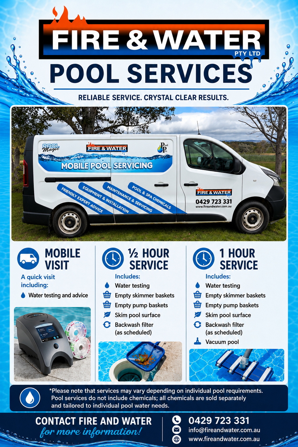 Fire & Water Pool Services van ad with mobile visit, 24-hour service, and pool maintenance details