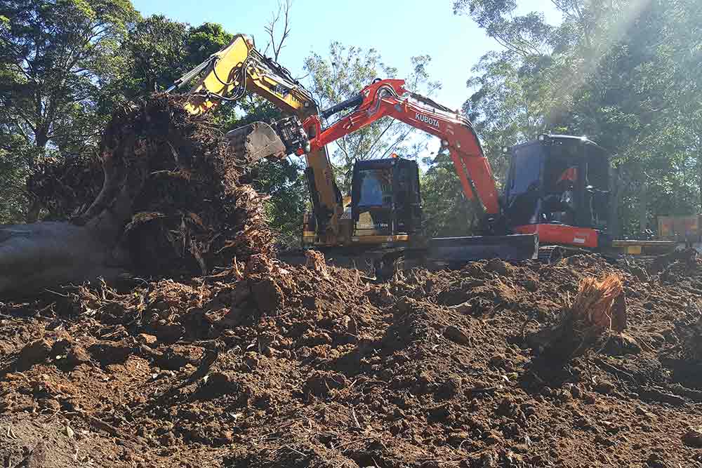 earth movers digging up tree stump