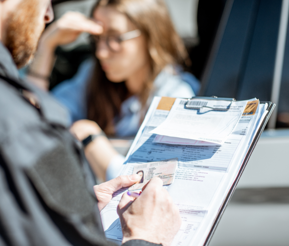 A man is holding a clipboard in front of a woman in a car.