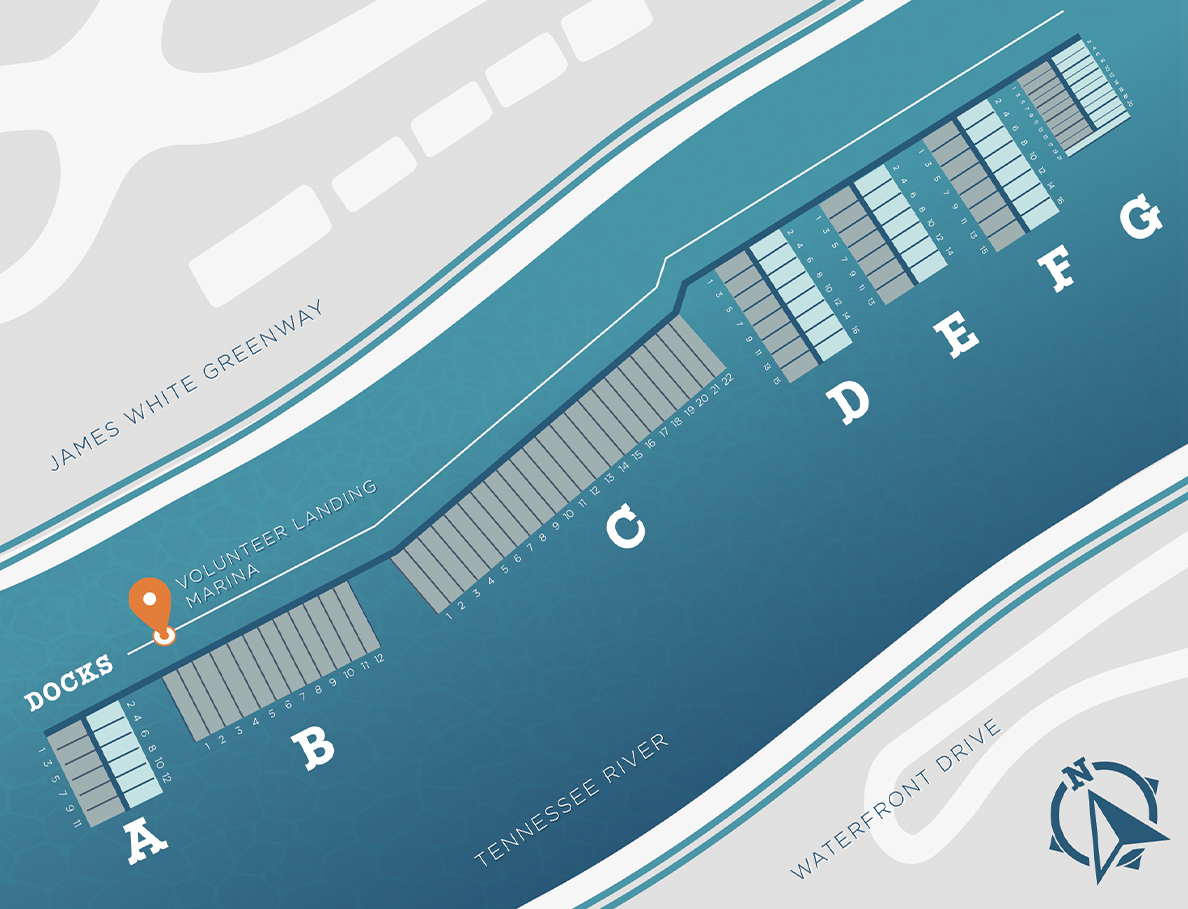 Map of boat docks on a river, labeled A-G, with a pin marking “docks” location.