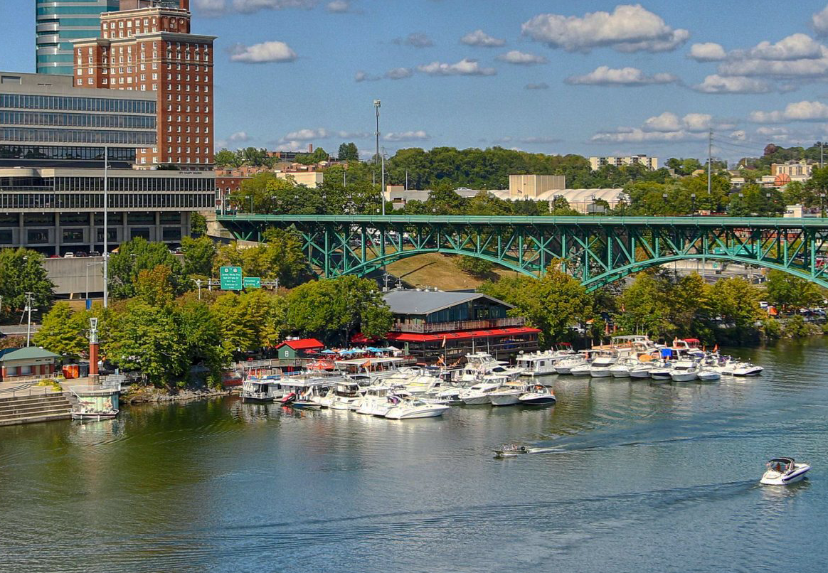 Boats docked at a riverside marina with a green bridge and city skyline in the background.