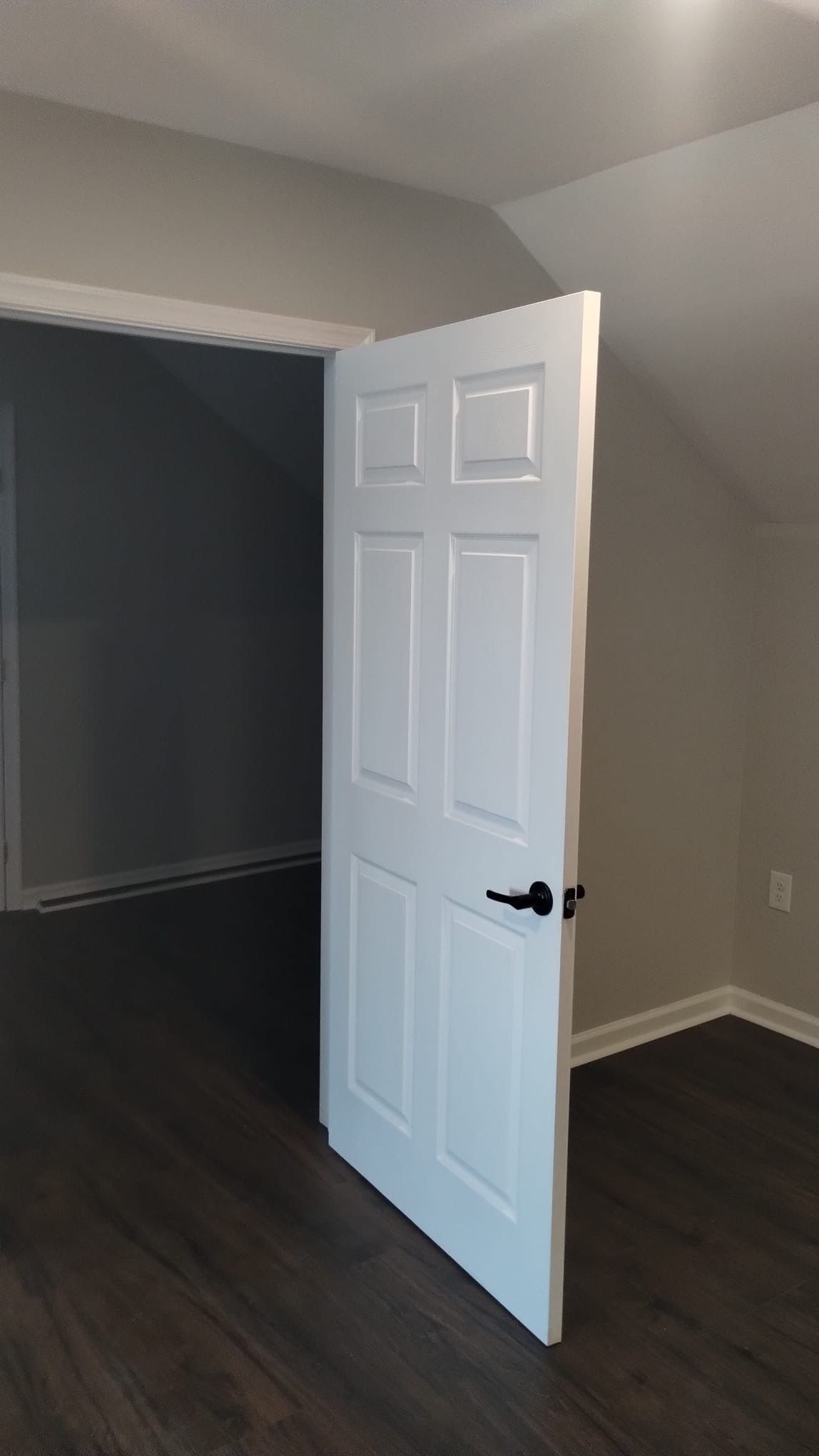 White door ajar, leading into a dark room, with dark wood flooring.