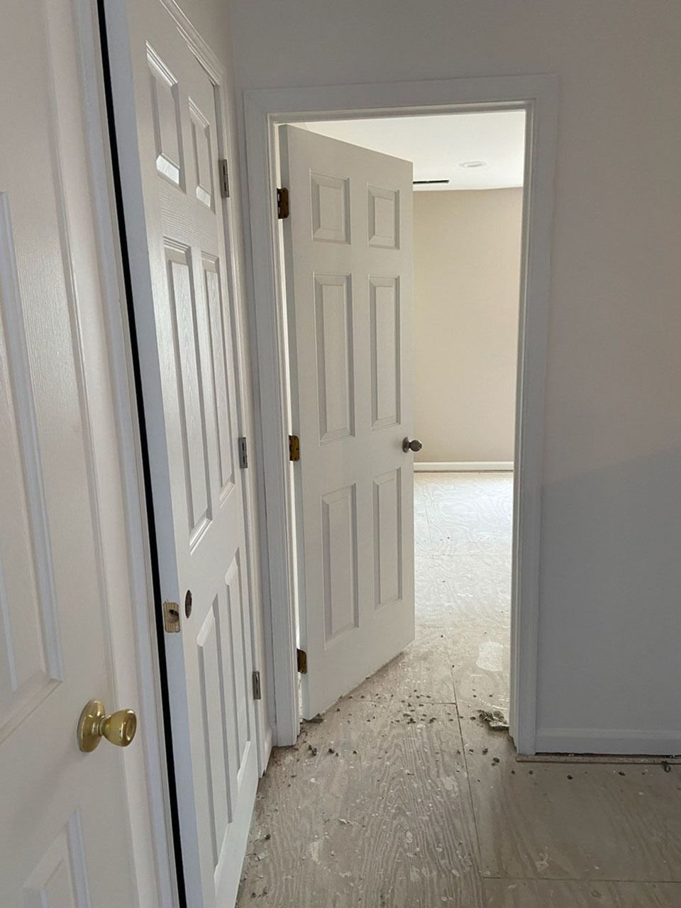White interior doors, one open into a room with carpet and tan walls.
