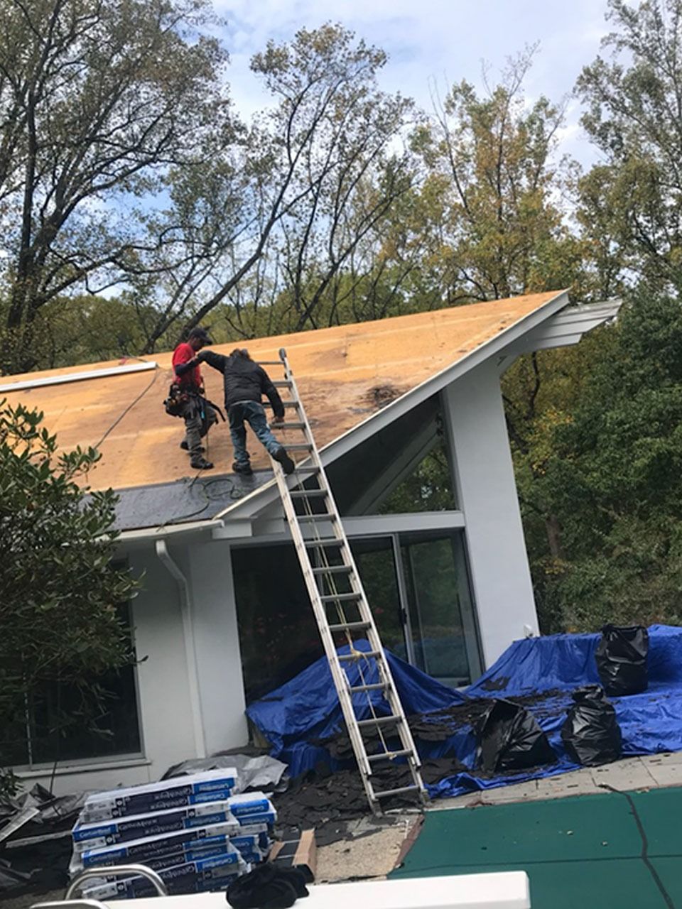 Two roofers on a white house roof, one ascending a ladder. Blue tarp covers the base.