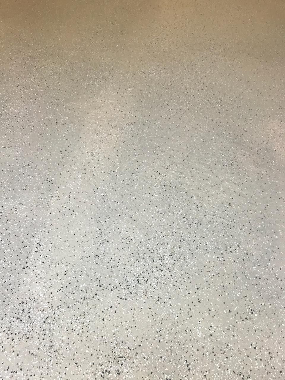 Glittery, speckled light gray floor with small dark flecks.