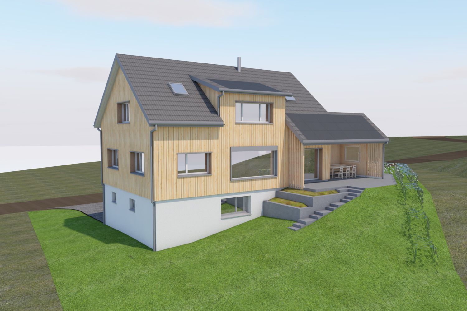 Ein zweistöckiges braunes Chalet mit weiß gerahmten Fenstern, einer überdachten Terrasse und einem Holzbalkon, eingebettet in einen Rasengarten.